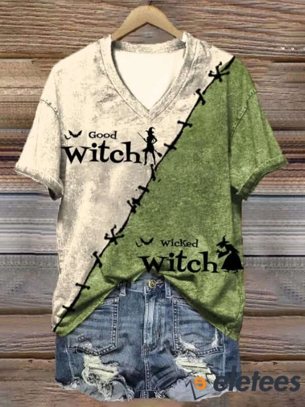 Women’s Halloween Good Witch&Wicked Witch Print V-Neck T-Shirt