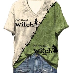 Womens Halloween Good WitchWicked Witch Print V Neck T Shirt1