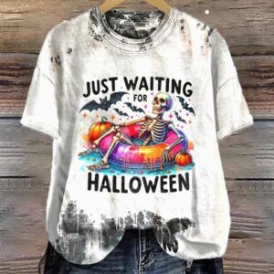 Womens Halloween Skull Just Waiting For Halloween Print Casual T Shirt