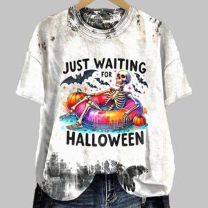 Womens Halloween Skull Just Waiting For Halloween Print Casual T Shirt1