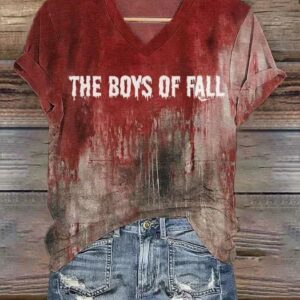 Womens Halloween The Boys Of Fall Print V Neck T Shirt 1
