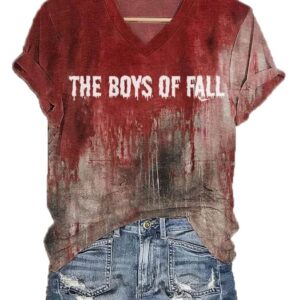 Womens Halloween The Boys Of Fall Print V Neck T Shirt1 1