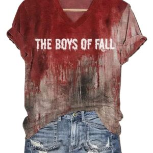 Womens Halloween The Boys Of Fall Print V Neck T Shirt1