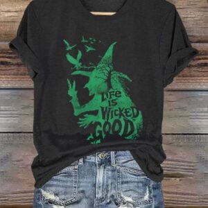 Womens Halloween Witch Life Is Wicked Good Print Crew Neck T Shirt