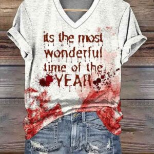Womens Horror Bloody Halloween Print V Neck T Shirt