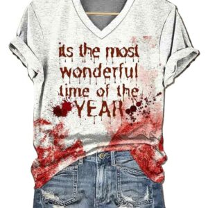 Womens Horror Bloody Halloween Print V Neck T Shirt1