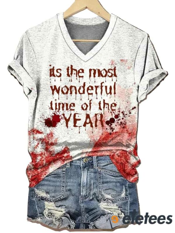 Women’s Horror Bloody Halloween Print V-Neck T-Shirt