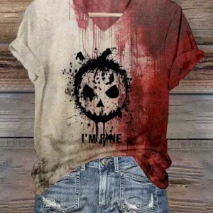 Women’s I’m Fine Blood Splatter Bloody Pumpkin Halloween Graphic T-Shirt
