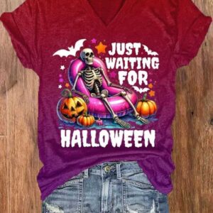 Womens Just Waiting For Halloween Print V Neck T Shirt