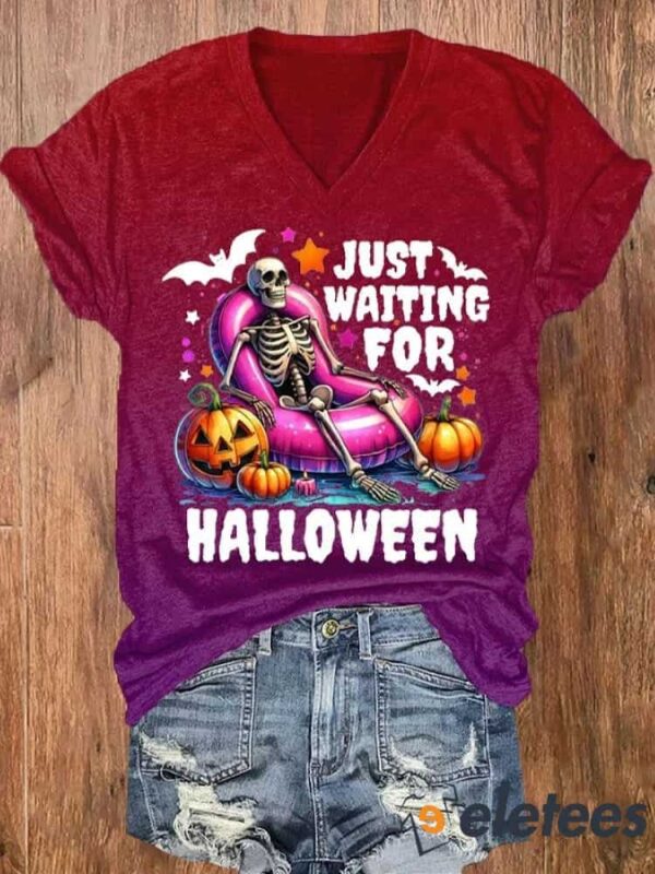 Women’s Just Waiting For Halloween Print V-Neck T-Shirt
