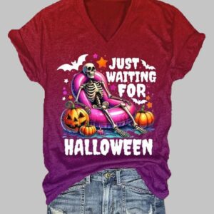 Womens Just Waiting For Halloween Print V Neck T Shirt1