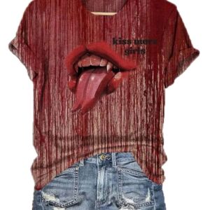 Womens Kiss More Girls Blood Halloween Art Print T Shirt1