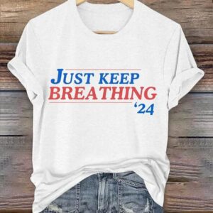 Womens Mental Health Just Keep Breathing Print Crew Neck T Shirt1