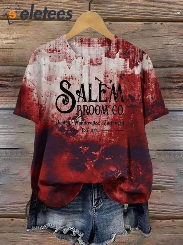 Women’s Salem Broom Co Quality Handcrafted Enchanted Est 1692 Printed T-Shirt