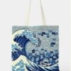 Blue Waves And Cat Printed Canvas Bag