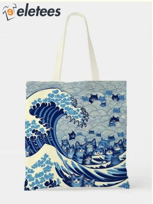 Blue Waves And Cat Printed Canvas Bag