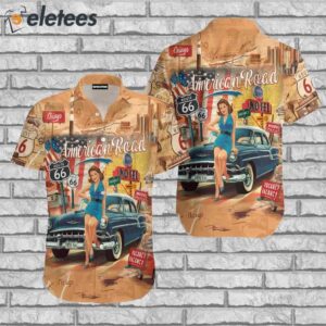 Pin Up Girl American Road Vintage Route 66 Classic Car Hawaiian Shirt1