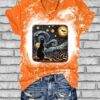 V-Neck Retro Halloween Van Gogh Starry Night Cat Pumpkins Print T-Shirt