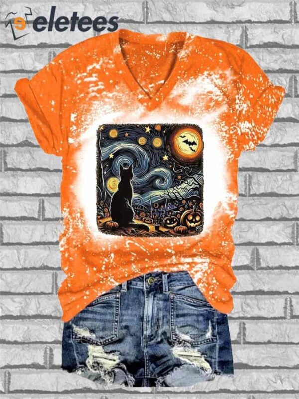 V-Neck Retro Halloween Van Gogh Starry Night Cat Pumpkins Print T-Shirt