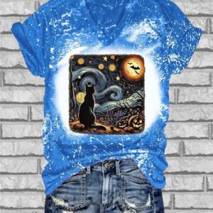 V Neck Retro Halloween Van Gogh Starry Night Cat Pumpkins Print T Shirt1