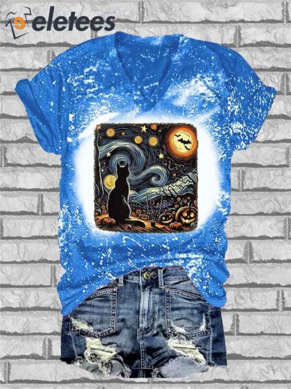 V-Neck Retro Halloween Van Gogh Starry Night Cat Pumpkins Print T-Shirt