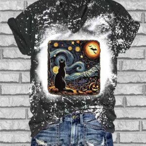 V Neck Retro Halloween Van Gogh Starry Night Cat Pumpkins Print T Shirt2