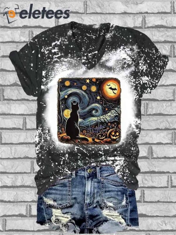 V-Neck Retro Halloween Van Gogh Starry Night Cat Pumpkins Print T-Shirt