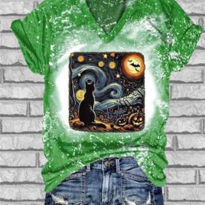 V Neck Retro Halloween Van Gogh Starry Night Cat Pumpkins Print T Shirt3