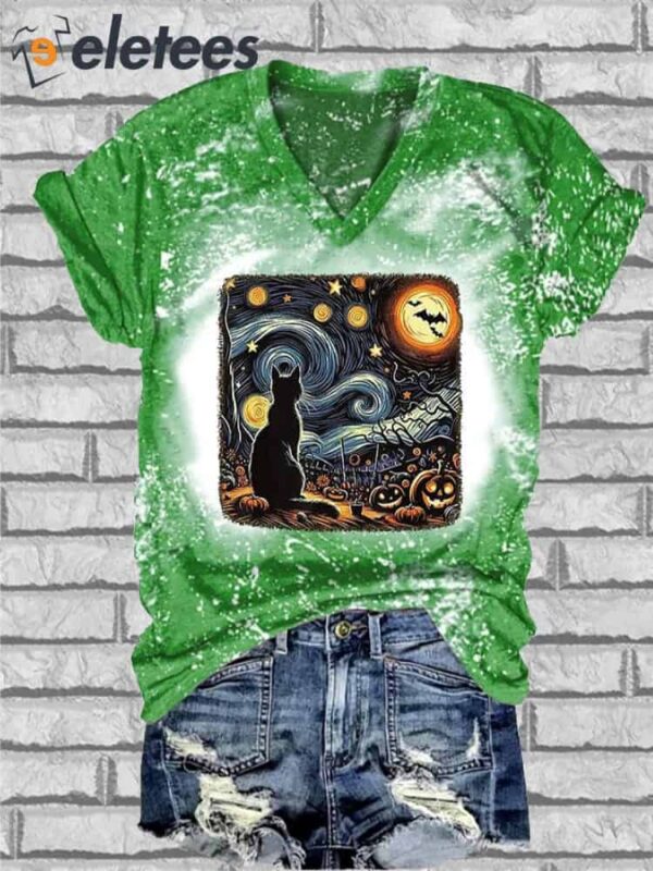 V-Neck Retro Halloween Van Gogh Starry Night Cat Pumpkins Print T-Shirt