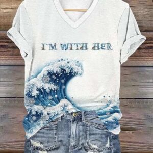 Womens Blue Wave Im With Her Print V Neck T Shirt