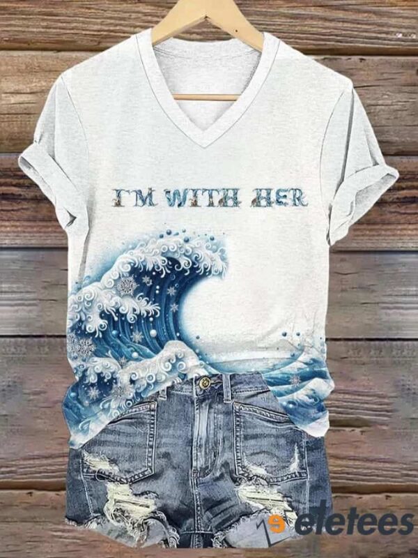 Women’s Blue Wave I’m With Her Print V-Neck T-Shirt