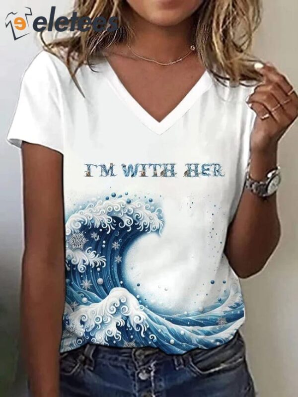 Women’s Blue Wave I’m With Her Print V-Neck T-Shirt