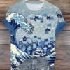 Women’s Blue Waves&Cats Print T-Shirt