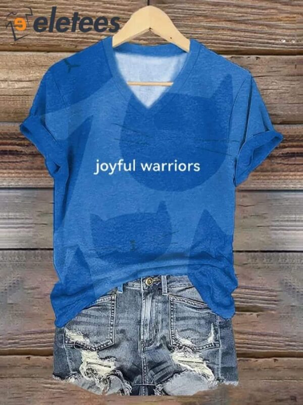 Women’s Cat Joyful Warrior Print V-Neck T-Shirt