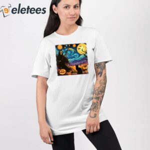 Womens Halloween Oil Painting Cat Print V Neck T Shirt 2