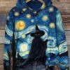 Women’s Halloween Witchy Cat Print Casual Hoodie