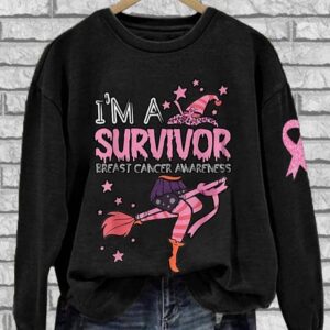 Womens Im A Survivor Breast Cancer Awareness Witch Print Crew Neck Sweatshirt