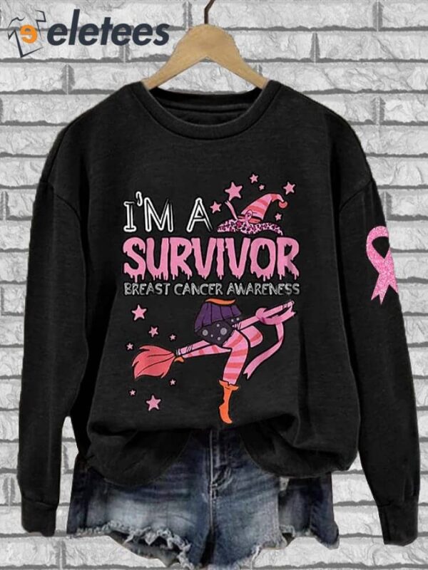 Women’s I’m A Survivor Breast Cancer Awareness Witch Print Crew Neck Sweatshirt