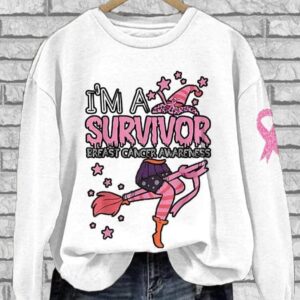 Womens Im A Survivor Breast Cancer Awareness Witch Print Crew Neck Sweatshirt1