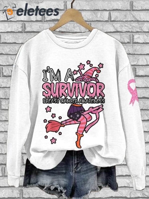 Women’s I’m A Survivor Breast Cancer Awareness Witch Print Crew Neck Sweatshirt