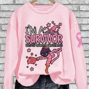 Womens Im A Survivor Breast Cancer Awareness Witch Print Crew Neck Sweatshirt2