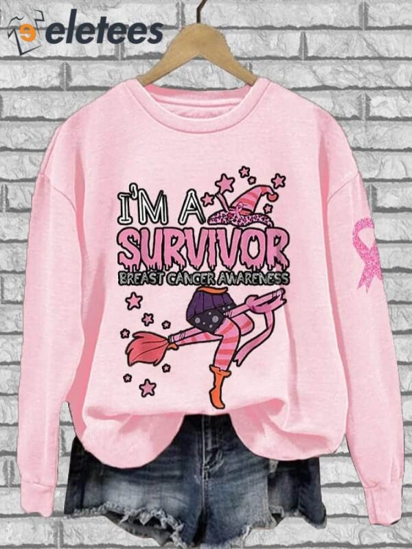 Women’s I’m A Survivor Breast Cancer Awareness Witch Print Crew Neck Sweatshirt